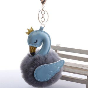 Swan glitter faux fur pom bag charm/key chain ring